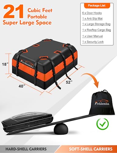 FIVKLEMNZ 21 Cubic Feet Waterproof Soft Roof Cargo Bag for Cars, SUVs, Trucks