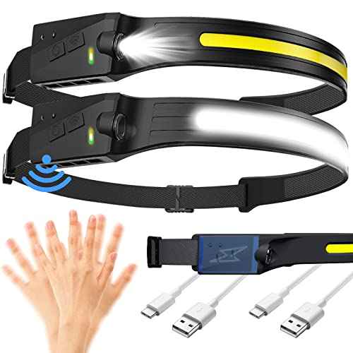 LED Headlamp, 2 Pack Rechargeable Head Lamp Flashlight Motion Sensor, flex pro lightbar 270¡Æ Wide Beam Bright headband, COB XPE Lightweight Waterproof Head Light for Outdoor Running Camping Hiking