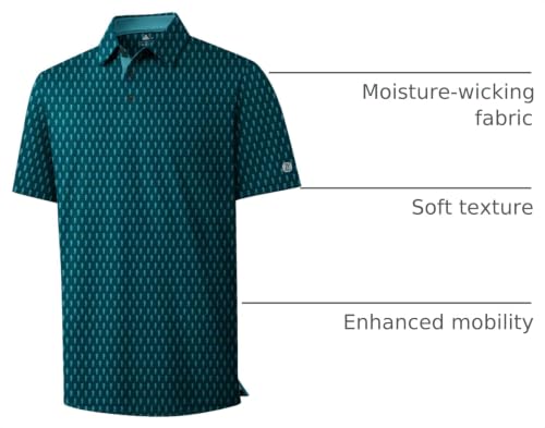 Men's Golf Polo Shirt Short Sleeve Moisture Wicking Print XL Blue Green Seahorse