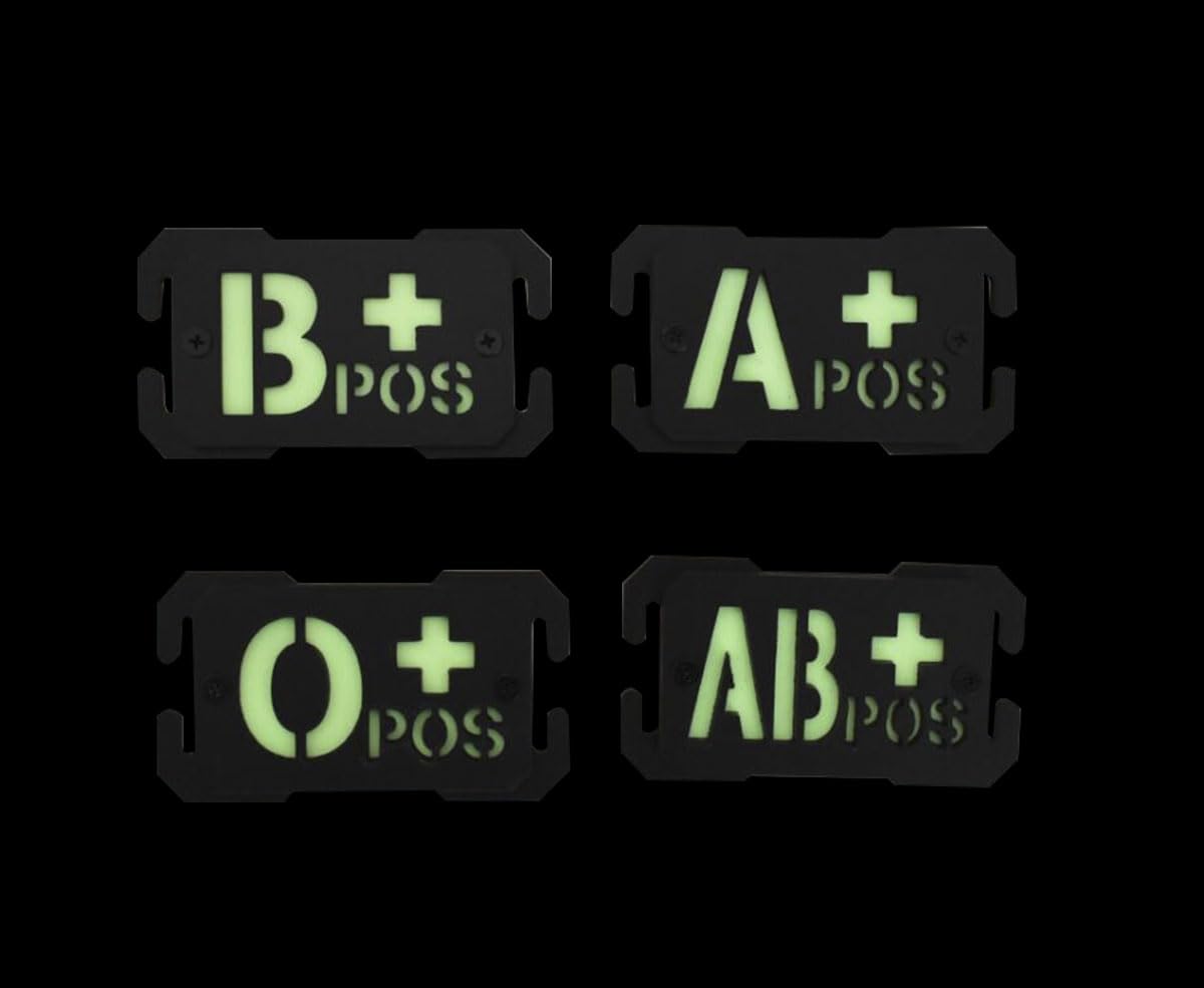 Glow Dark Blood Type A+ Positive POS Reflective Patches Tactical Morale Military Badges with Breach Buckle Mount Fit 1in Molle Webbing (Black A+)