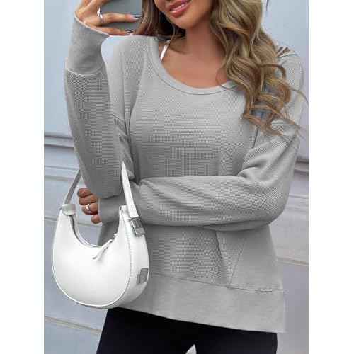 Fisoew Womens Casual Crewneck Sweatshirt Waffle Knit Long Sleeve Side Slit Loose Fit Fall Shirts Tops