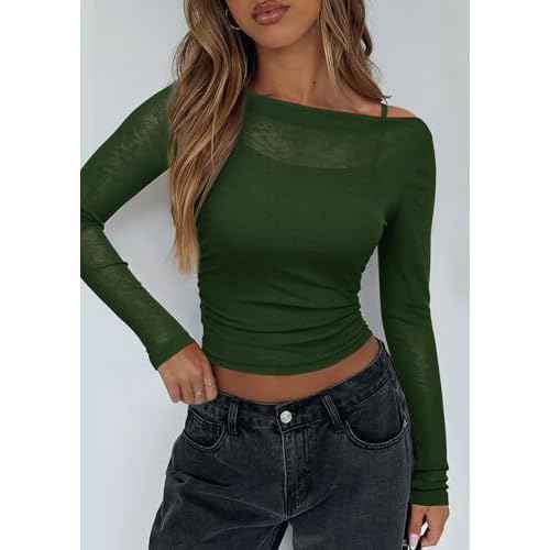 PRETTYGARDEN Women's Long Sleeve Sheer Crop Tops Boat Neck See Through Cover Up with Spaghetti Strap Camisole 2 Piece Blouses