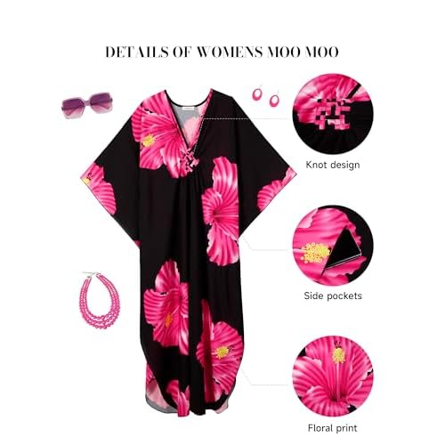 Bsubseach Moo Moos Kaftan Dresses for Women Floral Print Plus Size Swimsuit Coverup Caftan Maxi Beach Dress with Pockets