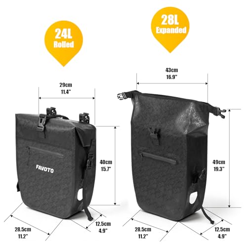 Favoto Waterproof Bike Panniers Set 48L for Rear Rack - Black