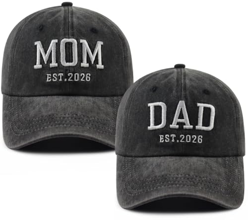 2PCS Mom and Dad EST 2027 2026 Baseball Caps for Men Women - One Size Black