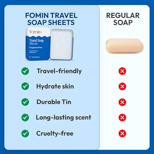 FOMIN - Antibacterial Paper Soap Sheets Tin for Traveling - (100 Sheets) Fragrance Free Portable Travel Hand Soap Sheet, Dissolvable Mini Camping Hand Soap for Hand Washing
