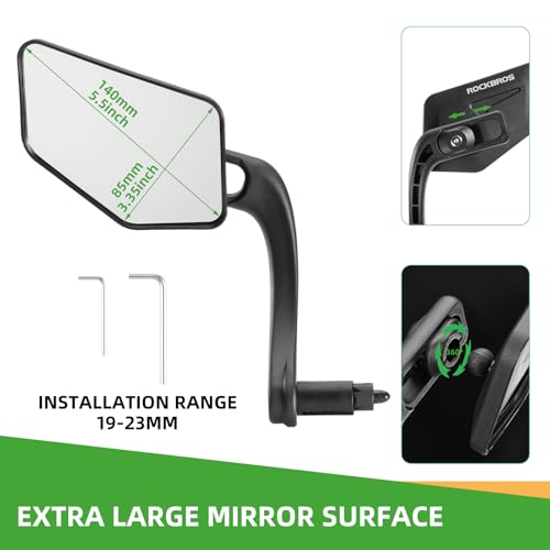 ROCKBROS Bike Mirror Handlebar Mount Bar End Mirror, 360¡Æ Adjustable Bicycle Mirrors for Handlebars, HD Automotive Grade Glass, Scratch-Resistant for E-Bike, MTB, and Electric Bicycles Left