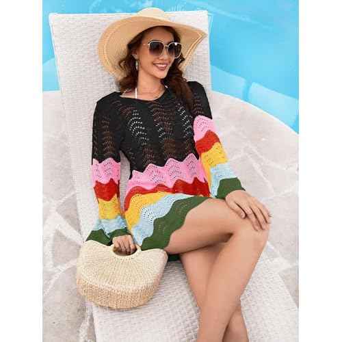 BB&KK Womens Crochet Swimsuit Cover Up Long Sleeve Summer Bathing Suit Color Block Bikini Mesh Knit Swimwear Beach Dress 2025