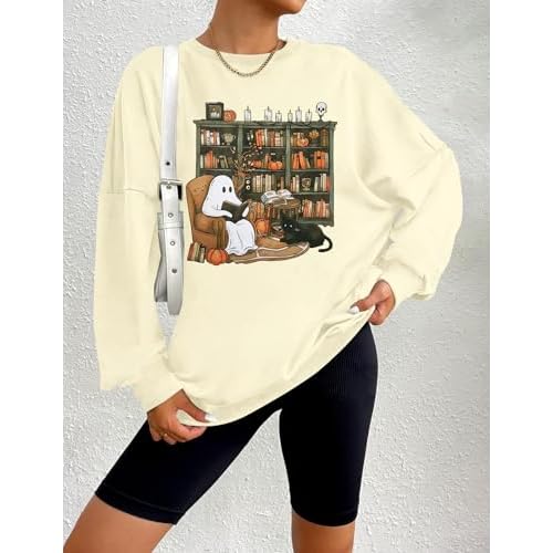 KIDDAD Halloween Sweatshirt for Women Ghosts Reading Books Graphic Long Sleeve Sweater Cute Spooky Bookish Shirts