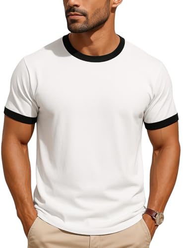 Men's Ringer T-Shirt - 100% Cotton Short Sleeve Tee for Men - Medium White & Black