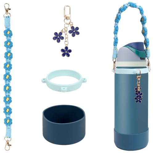 Blue Silicone Water Bottle Boot & Handle Strap for 24oz & 32oz Owala