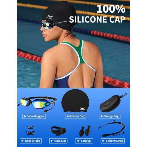 7 in 1 Swim Goggles + Swim Cap for Men Women,No Leak Anti-Fog & UV, Wide Visio HD Mirror PC Lens