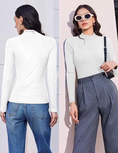Ekouaer Women's Mock Turtle Neck Long Sleeve Ribbed Thermal Shirt - Medium White