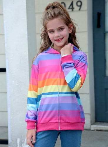 Kids Rainbow Unicorn Zip Up Hoodie with Pockets - 6-7 Years Rainbow Stripe