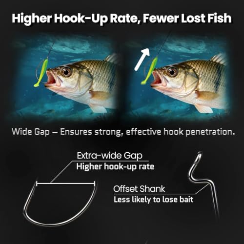 FishTrip 120 Pcs Offset Worm Fishing Hooks - Wide Gap Bass Tackle Set - Mixed Sizes