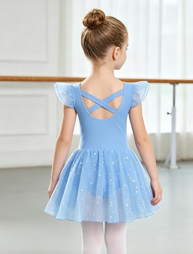 Toddler Girl's Ballet Leotard Dance Dress Outfit - Blue 4-6 Years, Shiny Star, Ruffle Sleeve, Criss-Cross Back