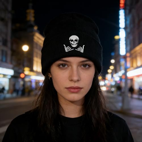 Winter Embroidered Skeleton Beanie Hat Skull Cap for Men Women - Black & White