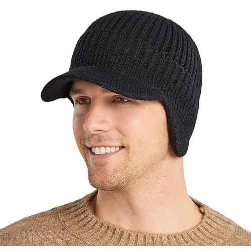 Men Warm Baseball Beanie Hat with Earflap Winter Visor Brim Knitted Caps Thicken Plush Lined Skull Ski Hat