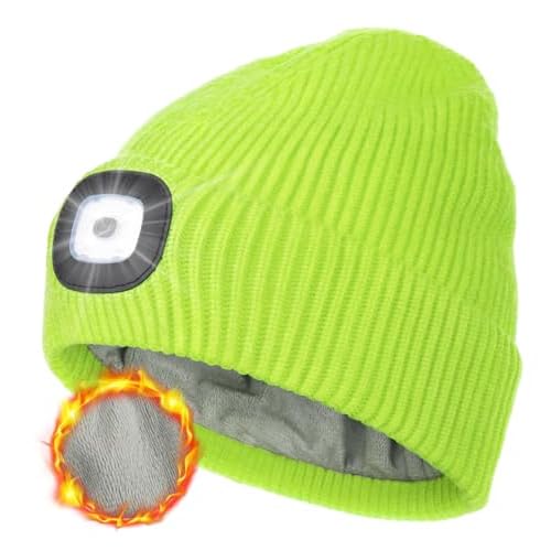MELASA Winter Fleece Lined LED Beanie, USB Rechargeable Hand Free Warm Hat with Light Built in, Gifts for Men Dad Husband Him