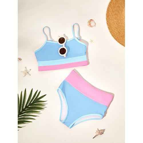 Haloumoning Girls Swimsuits Bikini Set Adjustable Straps Two Piece Color Block Girls' Swimwear with Chest Pad 5-14 Years