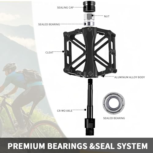 Lightweight Aluminum Mountain Bike Pedals 9/16" Waterproof Sealed Bearings - 2PCS