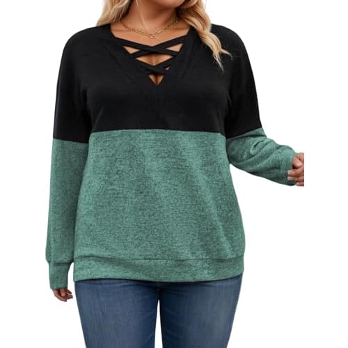 ROSRISS Womens Plus-Size Sweatshirts Casual Color Block Long Sleeve Tops Oversized Trendy Criss Cross V Neck Shirts XL-5XL