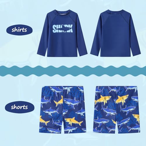 Boy Rash Guard Sun Protection Long Sleeve Swimsuit 3-12Y - Navy Shark Letter, 9-10 Years