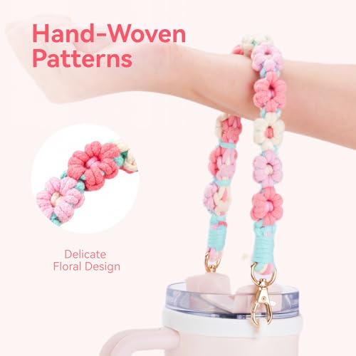 Flower Multicolor Water Bottle Strap for Stanley & Owala Cups, Hand-Woven Boho Cotton Sling