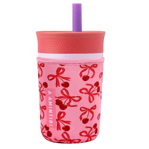 Cute Sleeve for Owala Kids 12oz and Zak Cup 15oz, Neoprene Cover Compatible with Owala Kids Tumbler, Zak Cup, Water Bottle Scratch Resistant Sleeve for Boys Girls to School (Bow&Cherry)