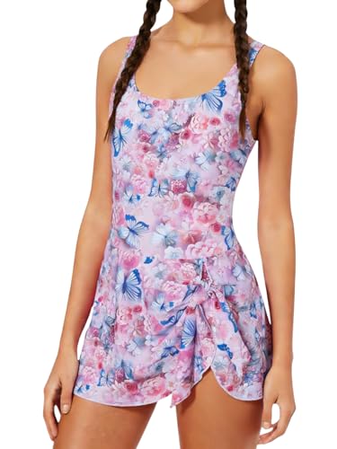 Girls Swimsuit One-Piece Bathing Suit - Floral Pattern, Adjustable Straps, 14-15 Years Pink