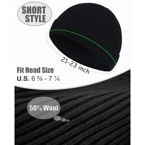 ROYBENS Short Fisherman Beanie for Men Women, Wool Warm Winter Hat, Swag Knit Cuff Soft Trawler Beanies Watch Cap Skull Caps