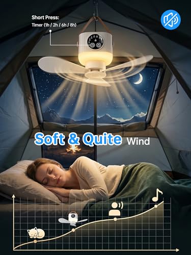 Portable Camping Ceiling Fan with Light Remote 9.25 inch Rechargeable Tent Fan