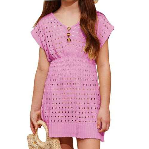 Girls Summer Crochet Swim Beach Cover Up Button Elastic Waist Beach Dress 5-14 Years