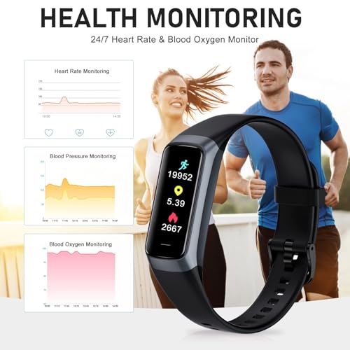 Bakoor Black Fitness Tracker with 24/7 Heart Rate & Sleep Monitoring, Waterproof Step Counter, 1.10" AMOLED Screen, Men Women