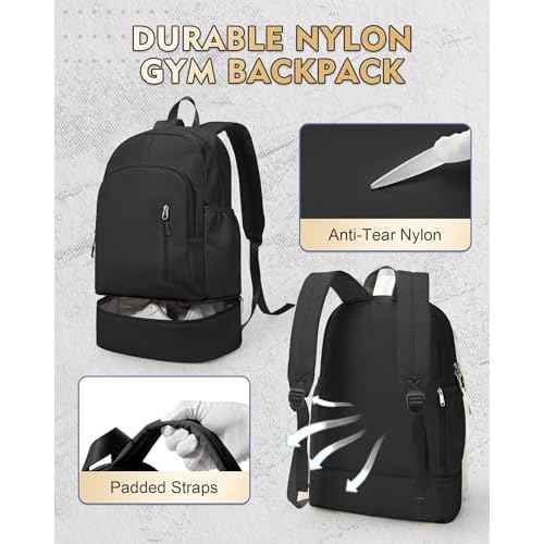 Gym Backpack for Women Men, Lightweight Gym Bag with Shoe Compartment, Waterproof Sports Backpack with Wet Pocket, Black