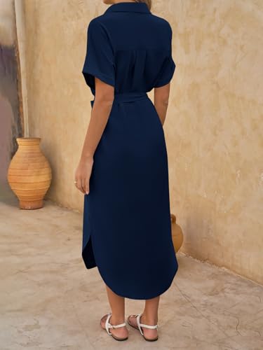 Summer Dresses for Women Navy Large - Casual Short Sleeve Maxi Beach Cover Up with Pockets