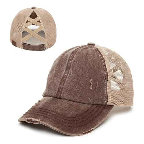 Funky Junque Ponytail Hat for Women - Baseball Cap with Adjustable Fit & High Pony Tail Criss Cross Back for Everyday Wear