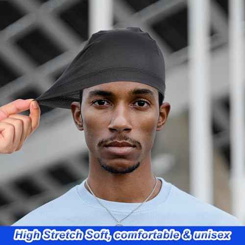 SHENLIU 4Pcs Skull Caps for Men, Soft Lightweight Beanie, Welding Cap Helmet Liner Running Cooling Skull Caps for Men, Hat Sweat Protector Cycling Do Rag for Summer Sports Black