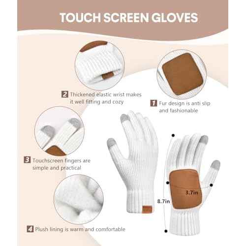 Womens Winter Beanie Hat with Pom and Touchscreen Gloves Set£¬Soft Warm Knit Cap and Gloves with Faux Suede for Cold Weather