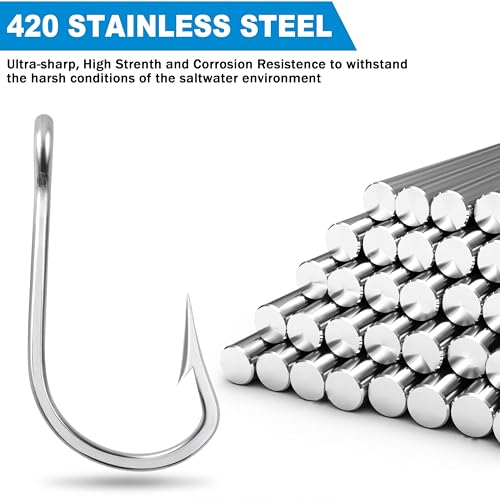 8/0 Saltwater Tuna Fishing Hooks - 15 Pack, Ultra Sharp Stainless Steel Big Game Trolling Hooks