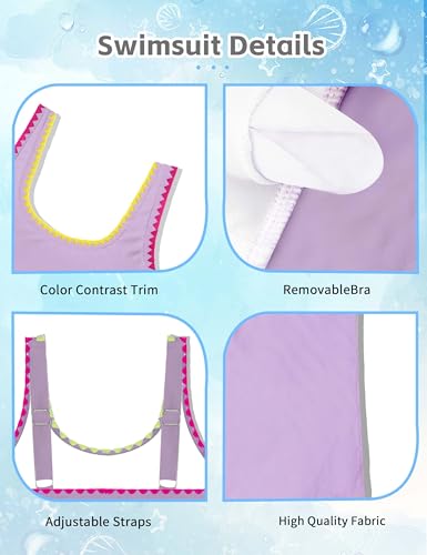 Girls One Piece Swimsuit Purple 9-10 Years Color Block Adjustable Straps