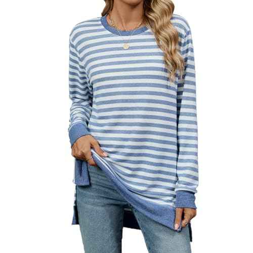 Womens Casual Striped Long Sleeve Shirt Trendy Crew Neck Slim Loose Fit Basic Blouses Tops