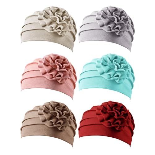6 Pieces Chemo Turbans for Women Chemo Headwear Flower Cap Soft Cancer Hats Beanies Head Covering for Winter Gift(Vintage Color,Flower Style)