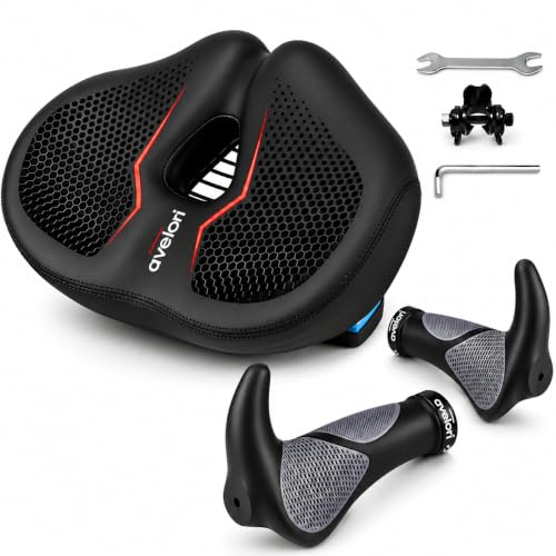 Bike Comfort Kit with Wide Memory Foam No-Nose Saddle & Ergonomic Handlebar Grips