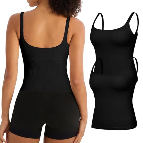 Large 2 Pack Women's U-Back Workout Tank Tops with Built-In Sports Bras - Black & Pink