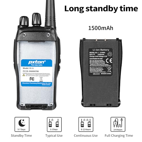 pxton S1 walkie talkies for Adults with earpieces and Rechargeable 1500mAh Li-ion Battery£¬walkie Talkie has VOX£¬TOT£¬Emergency Alarm£¬Battery Low Alert£¬Flashlight£¬Scan Function£¨2 Pack£©