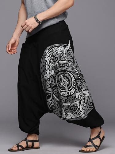 Trident Crest Black-Grey One Size Boho Ankle Harem Pants for Men – Loose Jogger