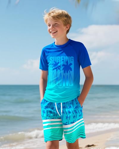 Boys Rash Guard and Swim Trunks Outfit Set - Blue Coconut Tree, 12-14 Years