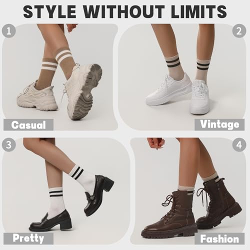 Women's Crew Socks with Cotton Stripes - 6 Pairs, Multiple Colors