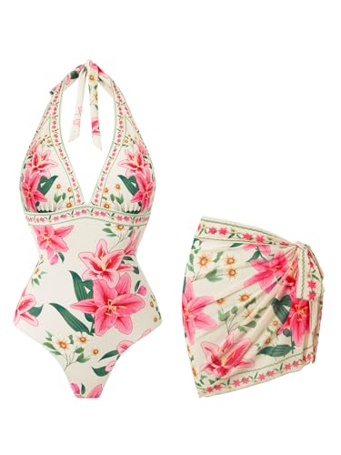 Pink Flower V Neck One-Piece Swimsuit with Cover Up Wrap Skirt - Large